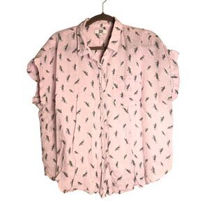 True Craft Linen Blend Hula Girl Boxy Shirt size L Hawaiian Beach cap sleeves ov